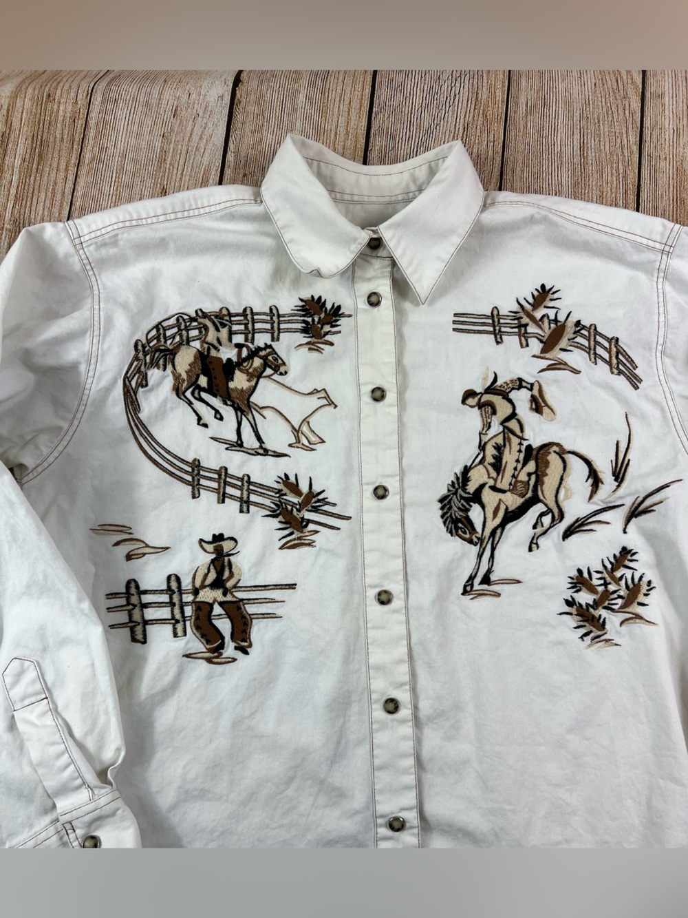 Vintage Cambridge Dry Goods Western Embroidery Cowboy Horse Pearl Snap Shirt Med